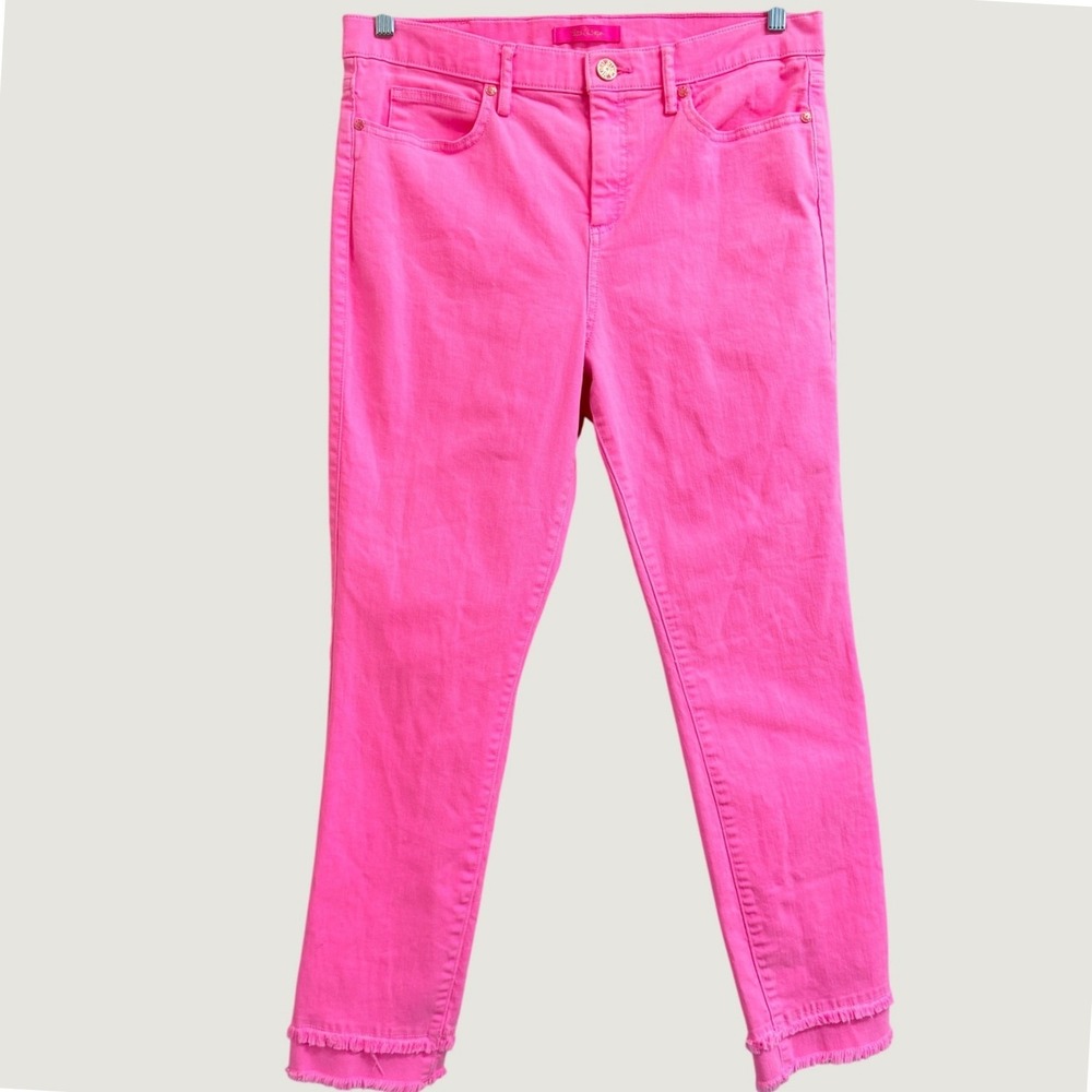 Lilly Pulitzer South Ocean High-Rise Skinny Jeans Hot Pink Double Frayed Size 14